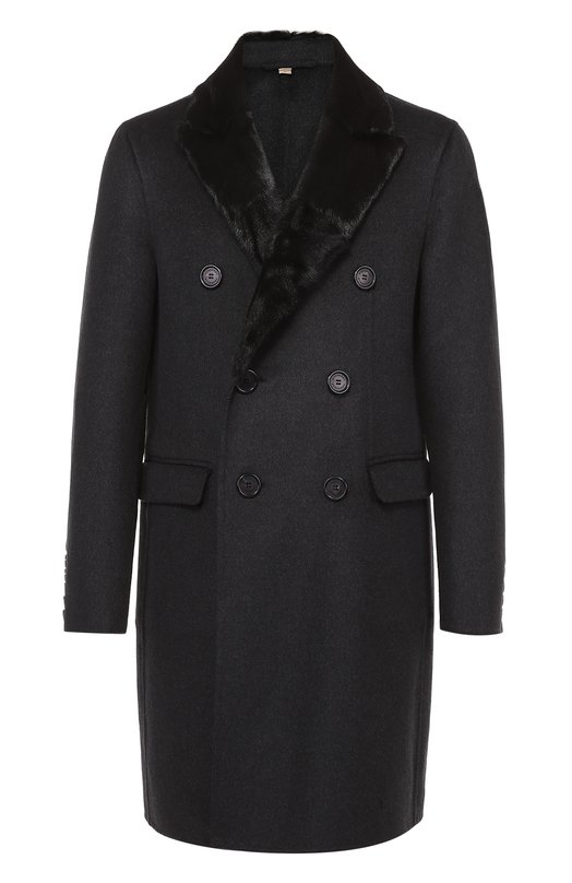 Шерстяное двубортное пальто с меховой отделкой воротника Burberry 