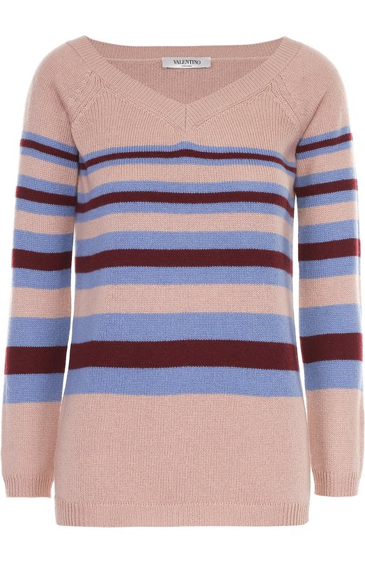 Кашемировый пуловер в контрастную полоску с V-образным вырезом Valentino 