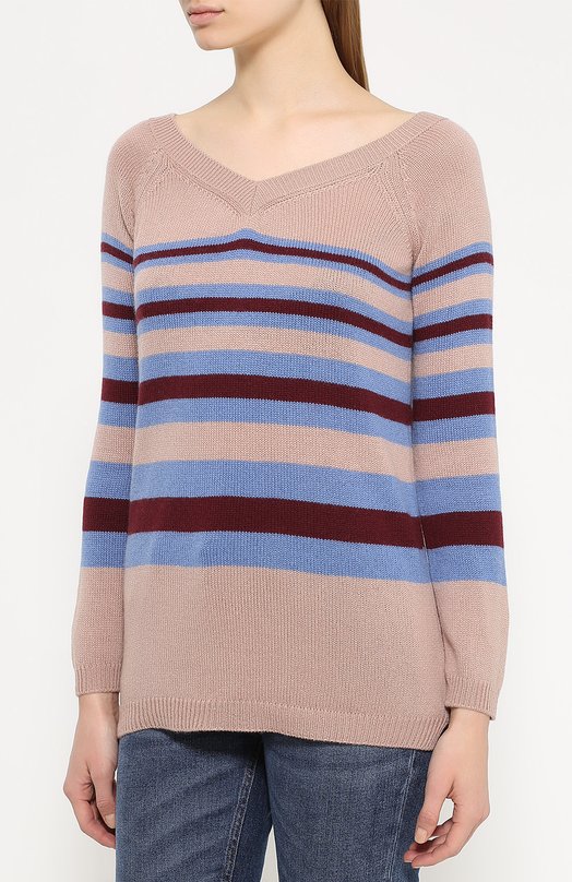 Кашемировый пуловер в контрастную полоску с V-образным вырезом Valentino 