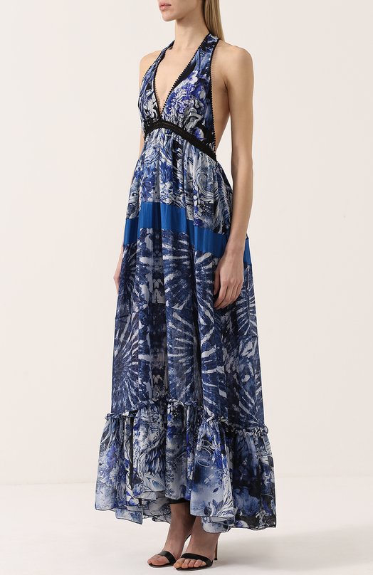 Шелковое платье-макси с V-образным вырезом и открытой спиной Roberto Cavalli 