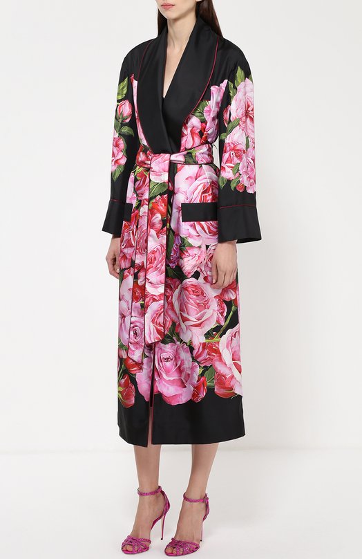 Шелковое пальто с цветочным принтом и поясом Dolce&Gabbana 