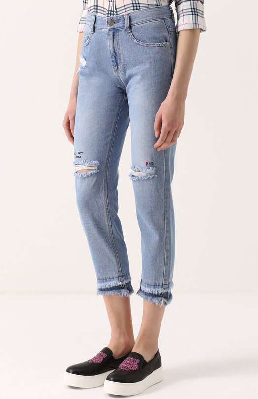 Укороченные джинсы с бахромой и потертостями Steve J & Yoni P 