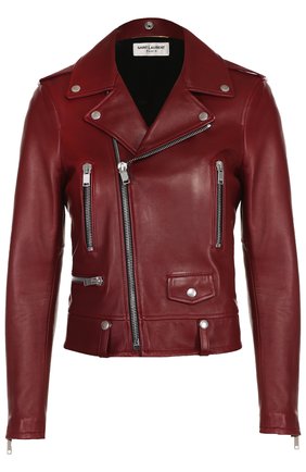 Укороченная кожаная куртка с косой молнией Saint Laurent красная | Фото №1