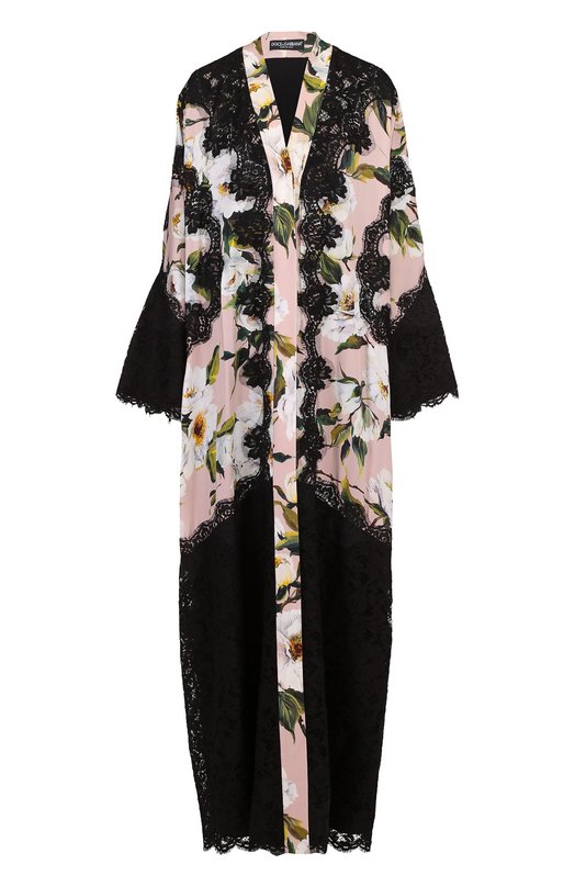 Шелковая абайя с цветочным принтом и контрастной кружевной отделкой Dolce&Gabbana 