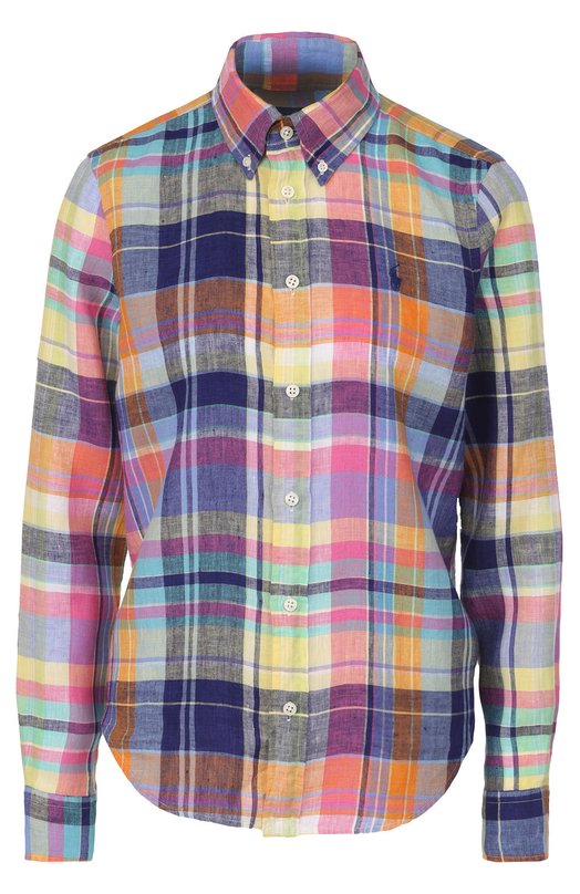 Льняная блуза в клетку с вышитым логотипом бренда Polo Ralph Lauren 