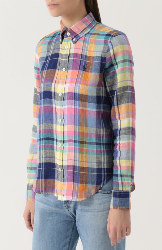 Льняная блуза в клетку с вышитым логотипом бренда Polo Ralph Lauren 