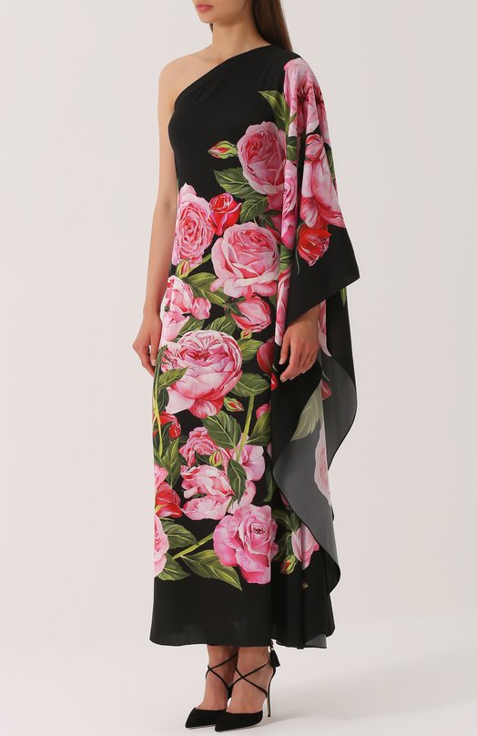 Шелковое платье с цветочным принтом и открытым плечом Dolce&Gabbana 
