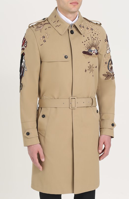 Однобортное хлопковое пальто прямого кроя с поясом и вышивкой Valentino 