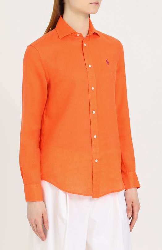 Льняная блуза с вышитым логотипом бренда Polo Ralph Lauren 