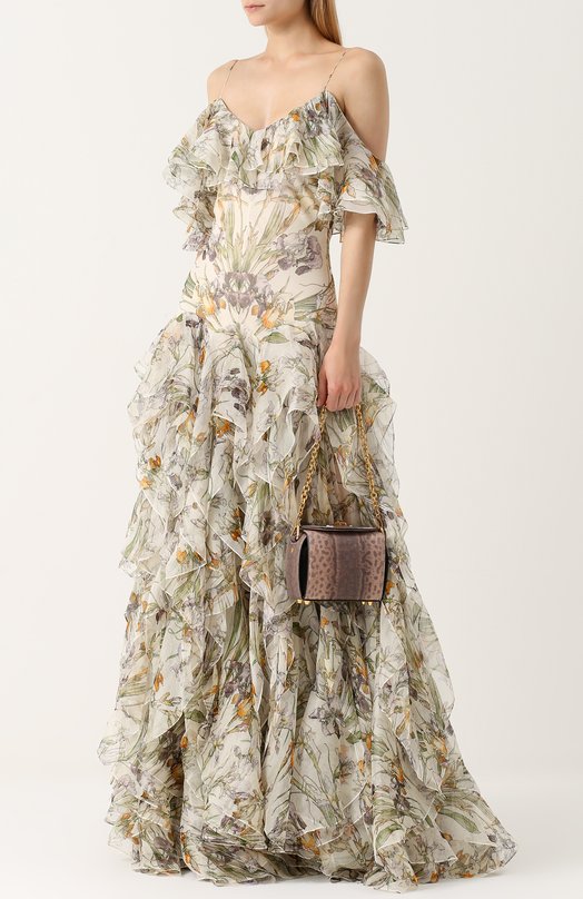 Шелковое платье с оборками и принтом Alexander McQueen 