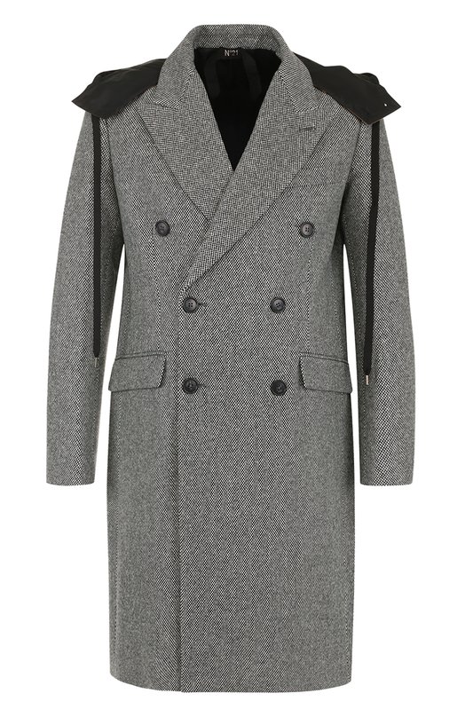Двубортное пальто из смеси шерсти и кашемира с капюшоном No. 21 
