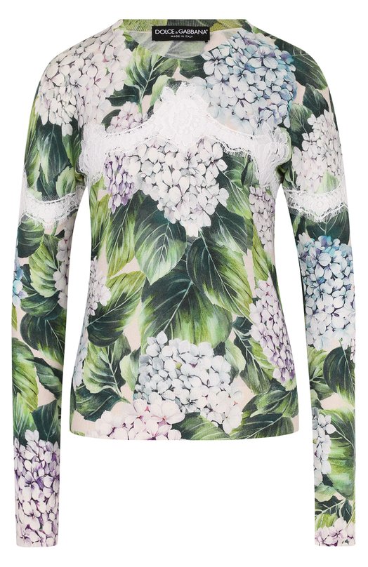 Кашемировый пуловер с цветочным принтом и кружевом Dolce&Gabbana 