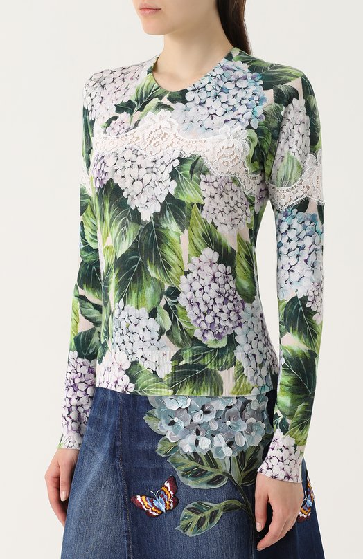 Кашемировый пуловер с цветочным принтом и кружевом Dolce&Gabbana 