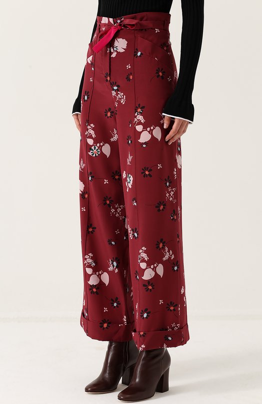 Шелковые брюки с цветочным принтом и поясом Valentino 