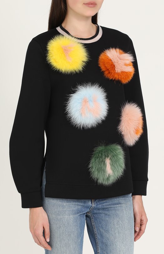Хлопковый пуловер с отделкой из меха лисы Fendi 