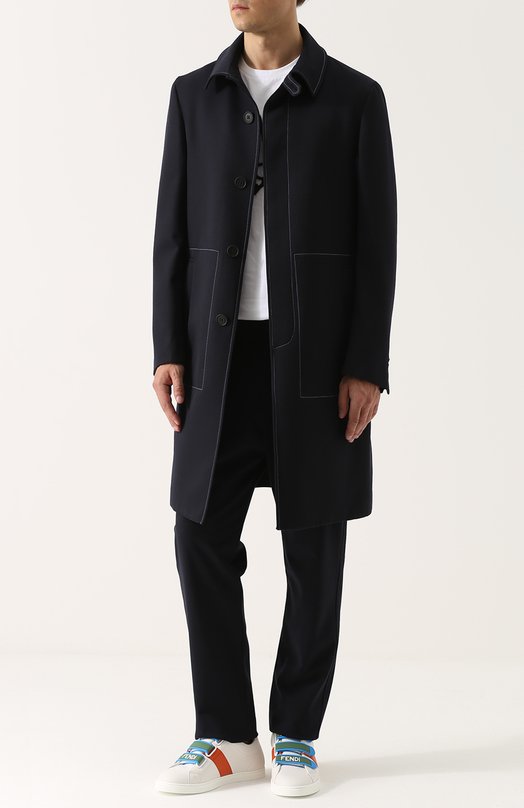 Шерстяное однобортное пальто с контрастной прострочкой Fendi 