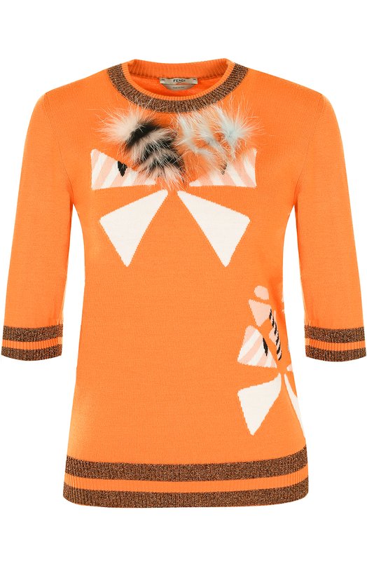 Шерстяной пуловер с укороченным рукавом и отделкой из меха лисы Fendi 