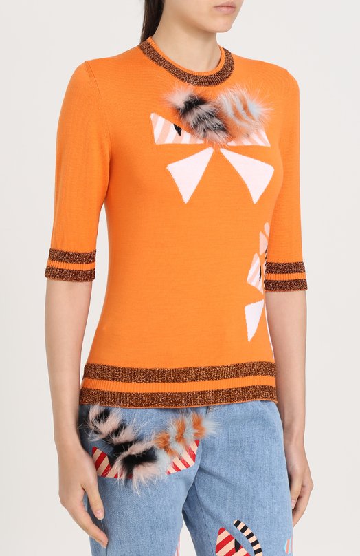Шерстяной пуловер с укороченным рукавом и отделкой из меха лисы Fendi 
