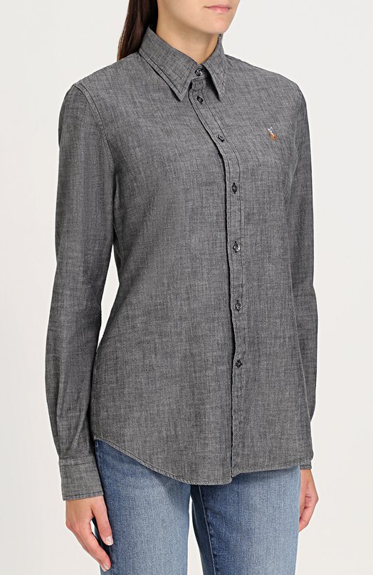 Приталенная хлопковая блуза с логотипом бренда Polo Ralph Lauren 