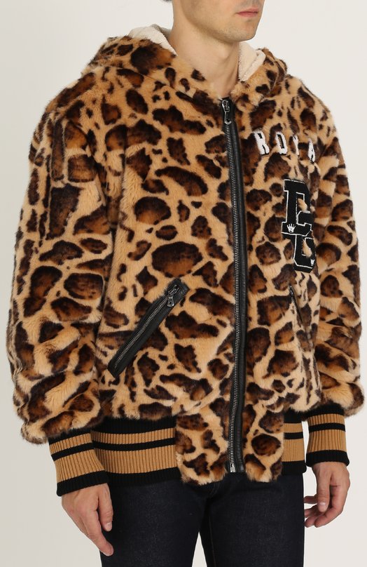 Куртка из эко-меха с леопардовым принтом на молнии с капюшоном Dolce&Gabbana 