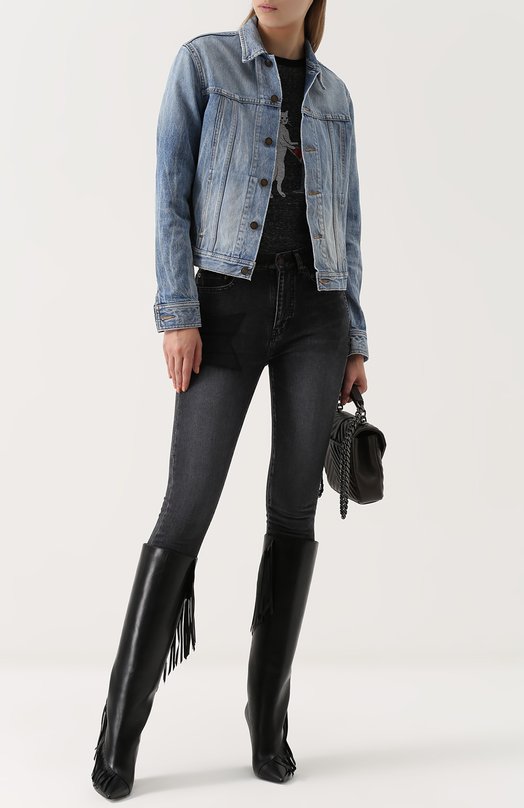 Джинсовая куртка с потертостями и принтом на спинке Yves Saint Laurent 