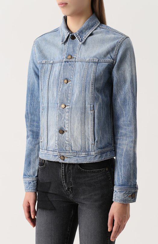 Джинсовая куртка с потертостями и принтом на спинке Yves Saint Laurent 
