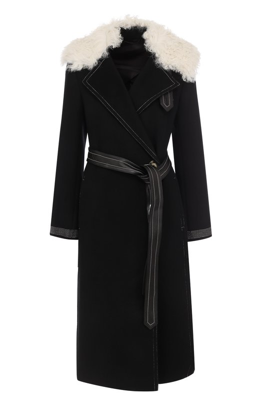Шерстяное пальто с поясом и отделкой из меха овчины Helmut Lang