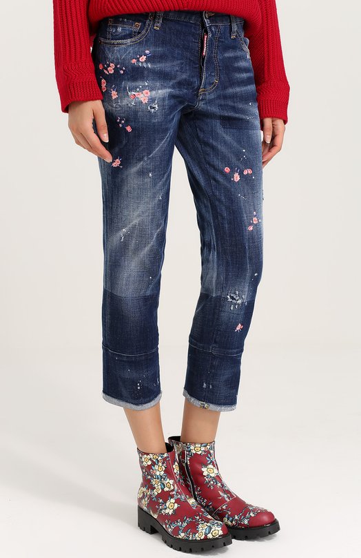 Укороченные джинсы с потертостями и вышивкой Dsquared2 