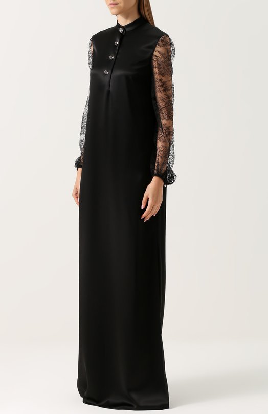 Платье-макси с высоким разрезом и кружевными рукавами Lanvin 
