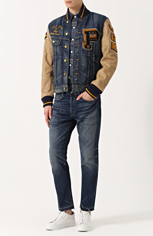 Джинсовая куртка на пуговицах с кожаными рукавами Polo Ralph Lauren 
