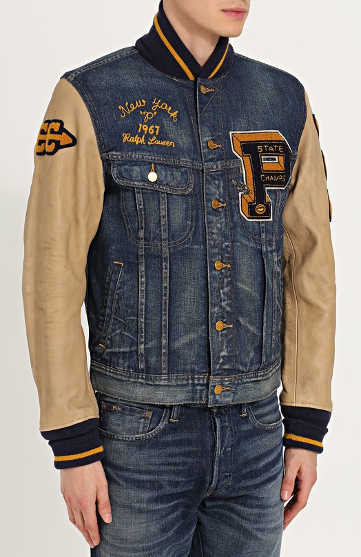 Джинсовая куртка на пуговицах с кожаными рукавами Polo Ralph Lauren 