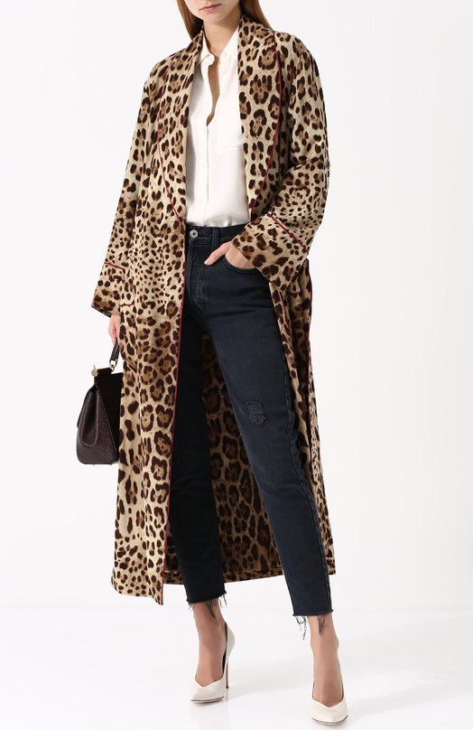 Шелковое пальто с леопардовым принтом и поясом Dolce&Gabbana 