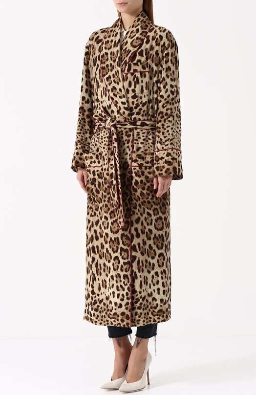 Шелковое пальто с леопардовым принтом и поясом Dolce&Gabbana 
