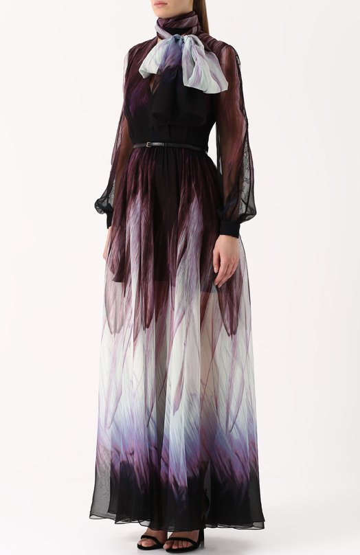 Шелковое платье-макси с воротником аскот и поясом Elie Saab 