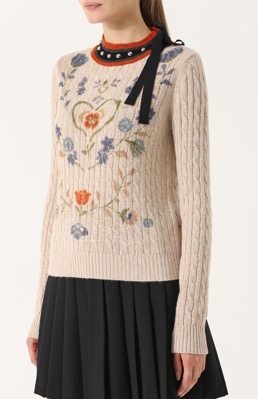 Пуловер фактурной вязки с принтом и декорированным вырезом REDVALENTINO 