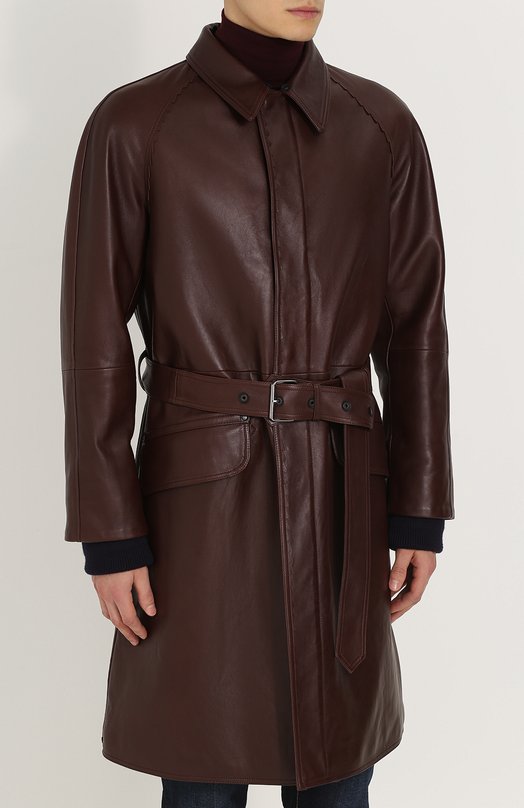 Однобортное кожаное пальто с меховой подкладкой Lanvin 