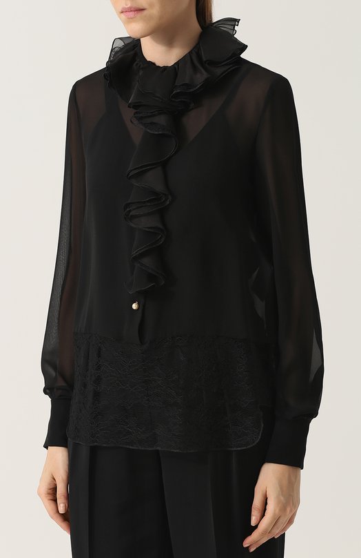 Шелковая блуза с кружевной вставкой и оборками Lanvin 