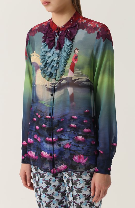 Шелковая блуза с принтом и оборками MARY KATRANTZOU 