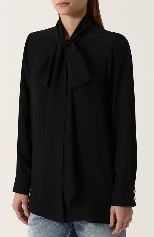 Шелковая блуза с воротником аскот и принтом на спинке Gucci 