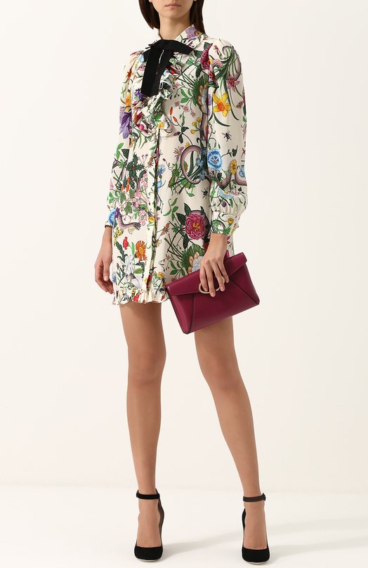 Шелковое мини-платье с принтом и контрастным бантом Gucci 