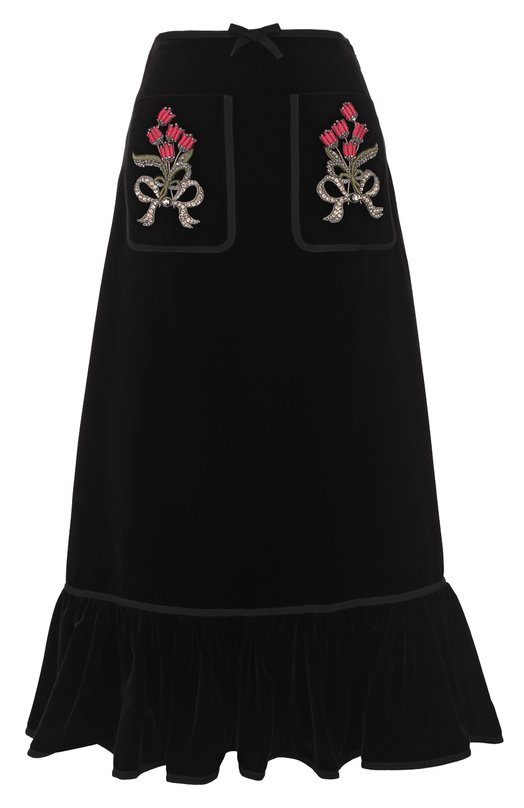 Бархатная юбка-миди с накладными карманами и оборкой Gucci 
