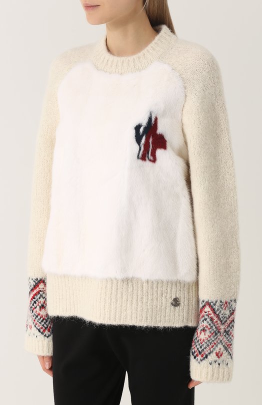 Шерстяной пуловер с отделкой из меха норки MONCLER 