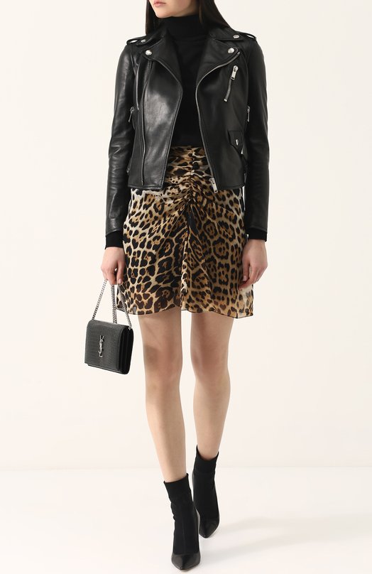 Шелковая мини-юбка с леопардовым принтом Yves Saint Laurent 