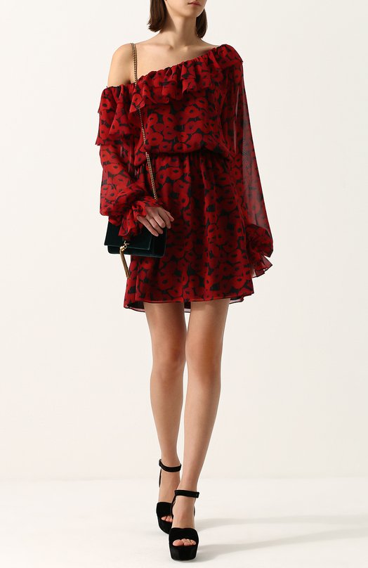 Приталенное шелковое мини-платье с открытым плечом Yves Saint Laurent 