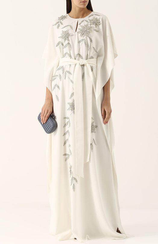 Шелковое платье-макси с поясом и контрастной отделкой Oscar de la Renta 