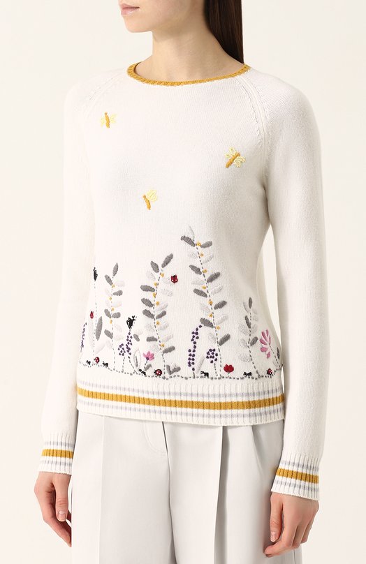 Кашемировый пуловер с круглым вырезом и вышивкой Loro Piana 