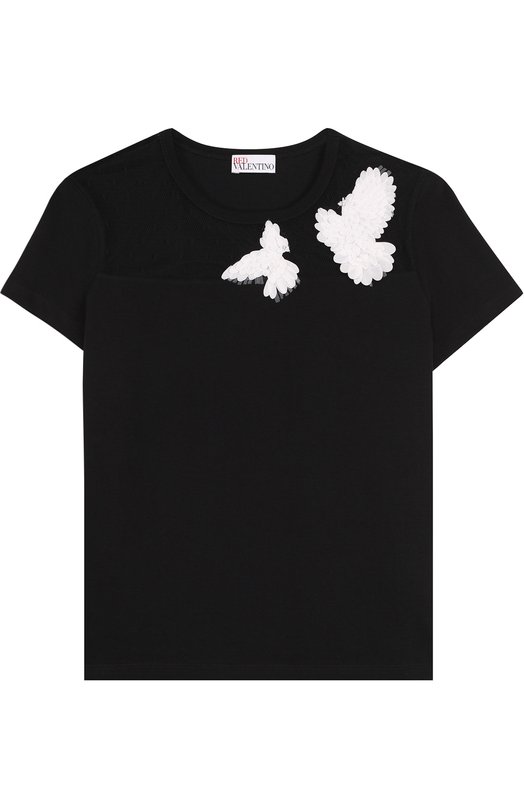 Хлопковая футболка прямого кроя с кружевной вставкой REDVALENTINO 