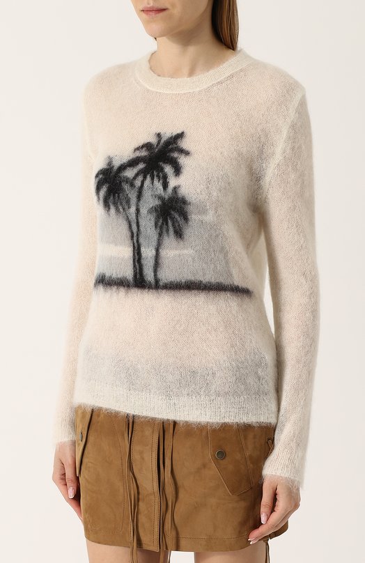 Вязаный пуловер с круглым вырезом и принтом Yves Saint Laurent 