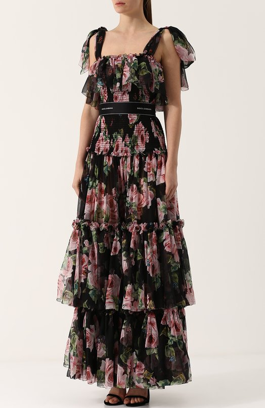Шелковое платье-макси с оборками и принтом Dolce&Gabbana 