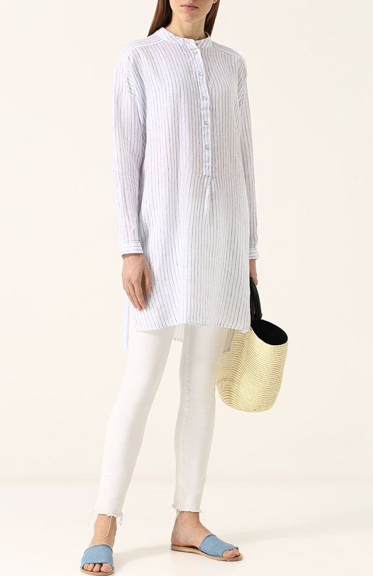 Удлиненная хлопковая блуза в полоску с воротником-стойкой 120% LINO 